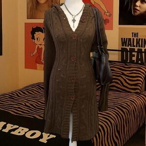 Brown Cable Knit Cardigan Dress w/ Hood – Size 2X